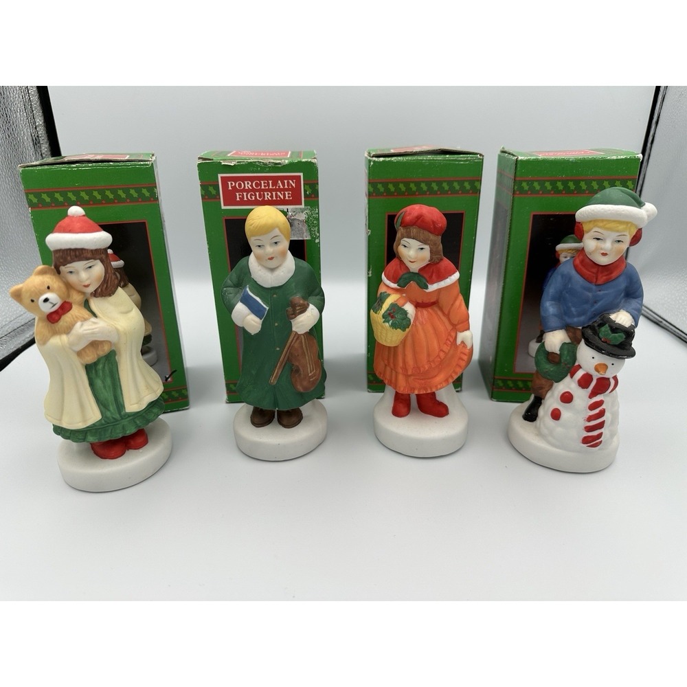 Set 4 Vintage Ceramic Christmas Figures Boy Violin, Snowman, Girl Bear, Basket